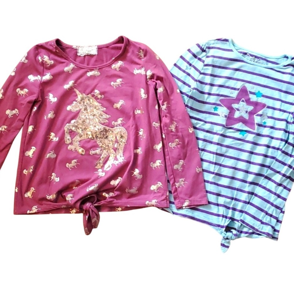 2 Pack Girls Size 7-8 Long Sleeve Tie Shirt - Mauve Gold Unicorn, Star Stripes